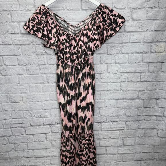 MariaCher Dabir Cotton Ruffle Trim V Neck Smocked Midi Dress Size S Pink Black - Picture 8 of 9